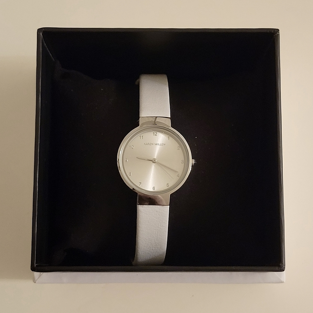 Karen Millen White Leather Silver Watch